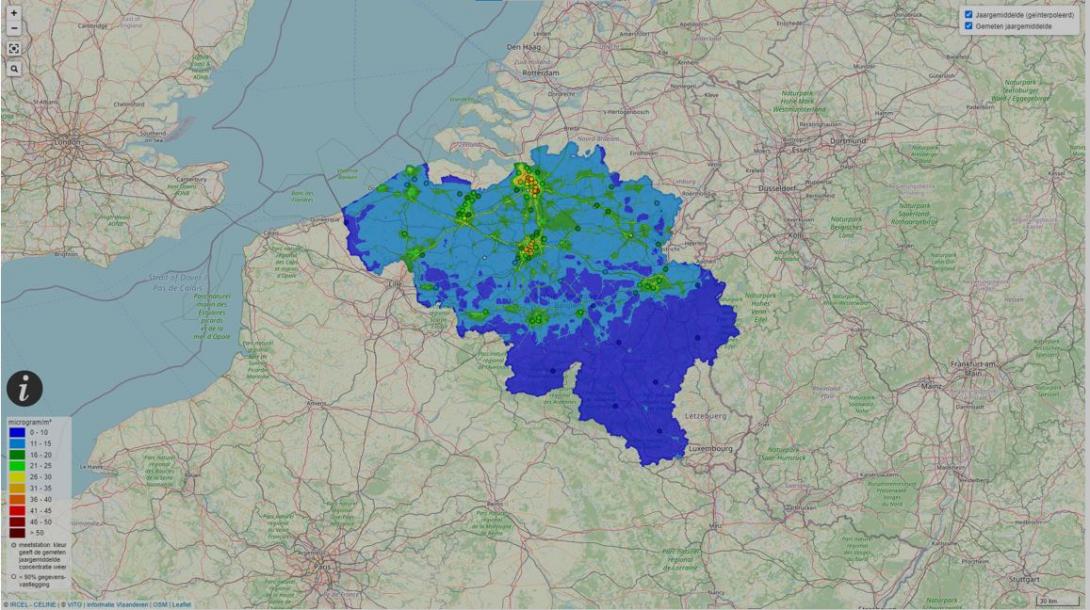 High resolution ATMO-Street air quality map for Belgium for the annual mean nitrogen dioxide (NO2) concentration in 2019.