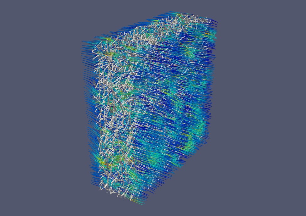 US Atlas Streamlines flow through filter medium colored by velocity magnitude.