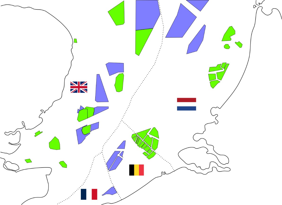 Currently installed (green) and planned (blue) wind farms in the Southern Bight of the North Sea.