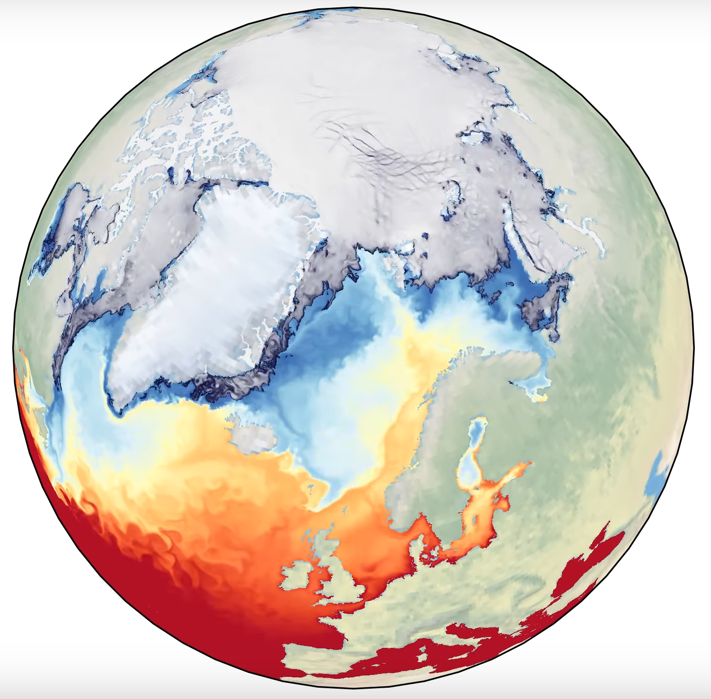 Picture of a Sea ice concentration and sea surface temperature simulation simulated by the highest-resolution experiment on June 6, 1999 in the Arctic and North Atlantic Oceans.