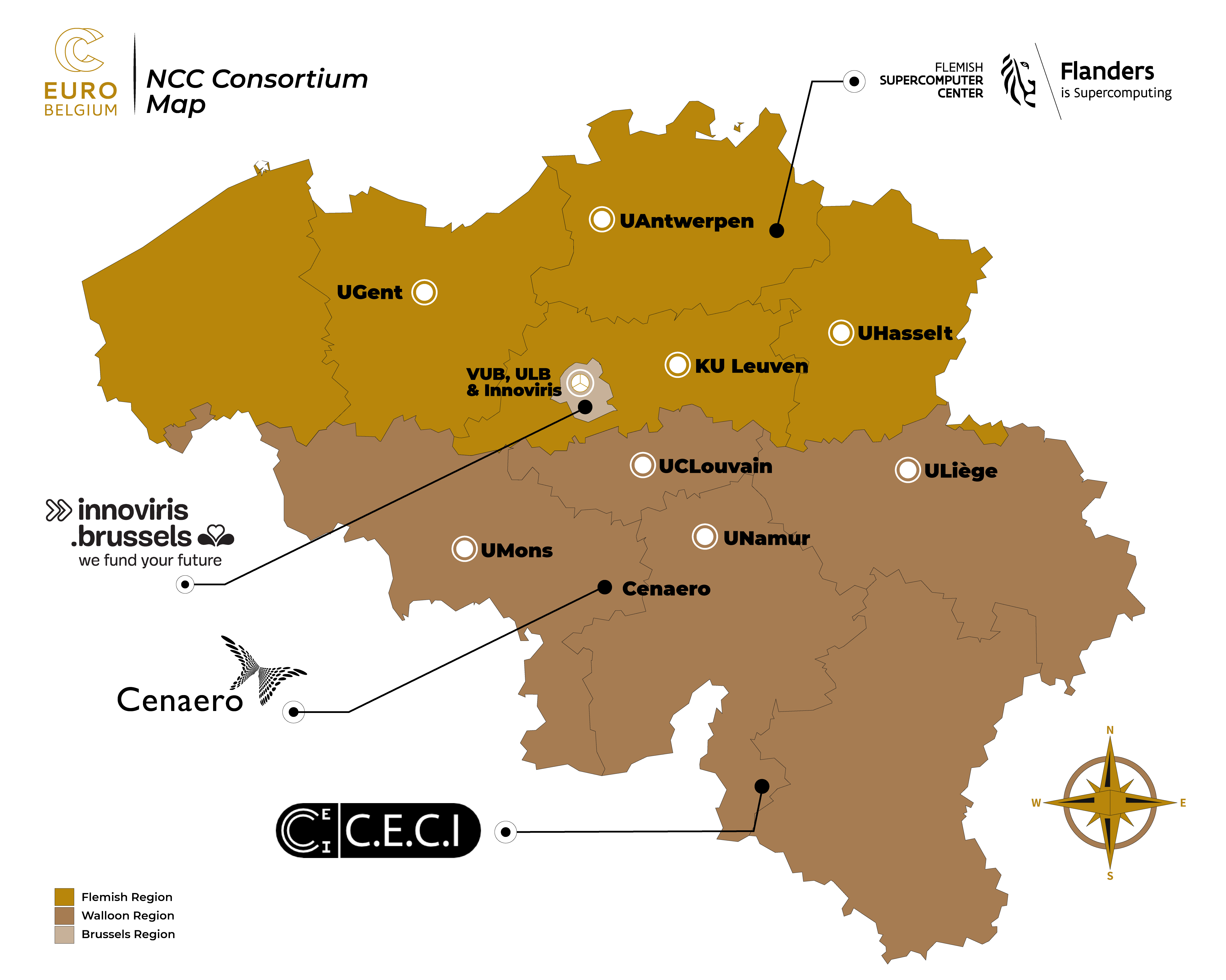 Map of Belgium with partners EuroCC BE_2 