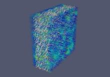 Streamlines flow through a filter medium coloured by velocity magnitude