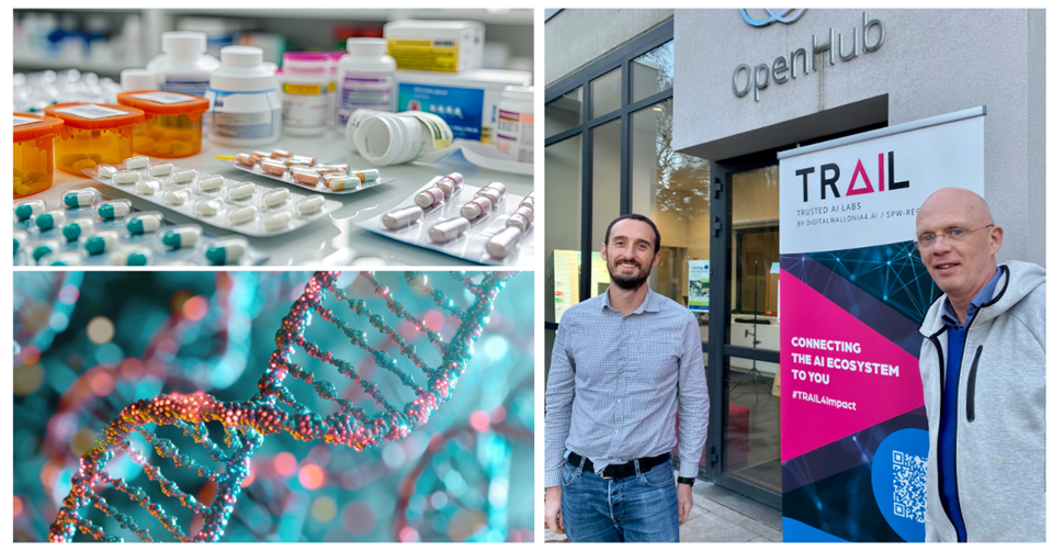 On top left: picture of medicaments; on bottom left: image od DNA; on the right: picture of Benoit Dompierre, EuroCC and Benoit Macq, UCL